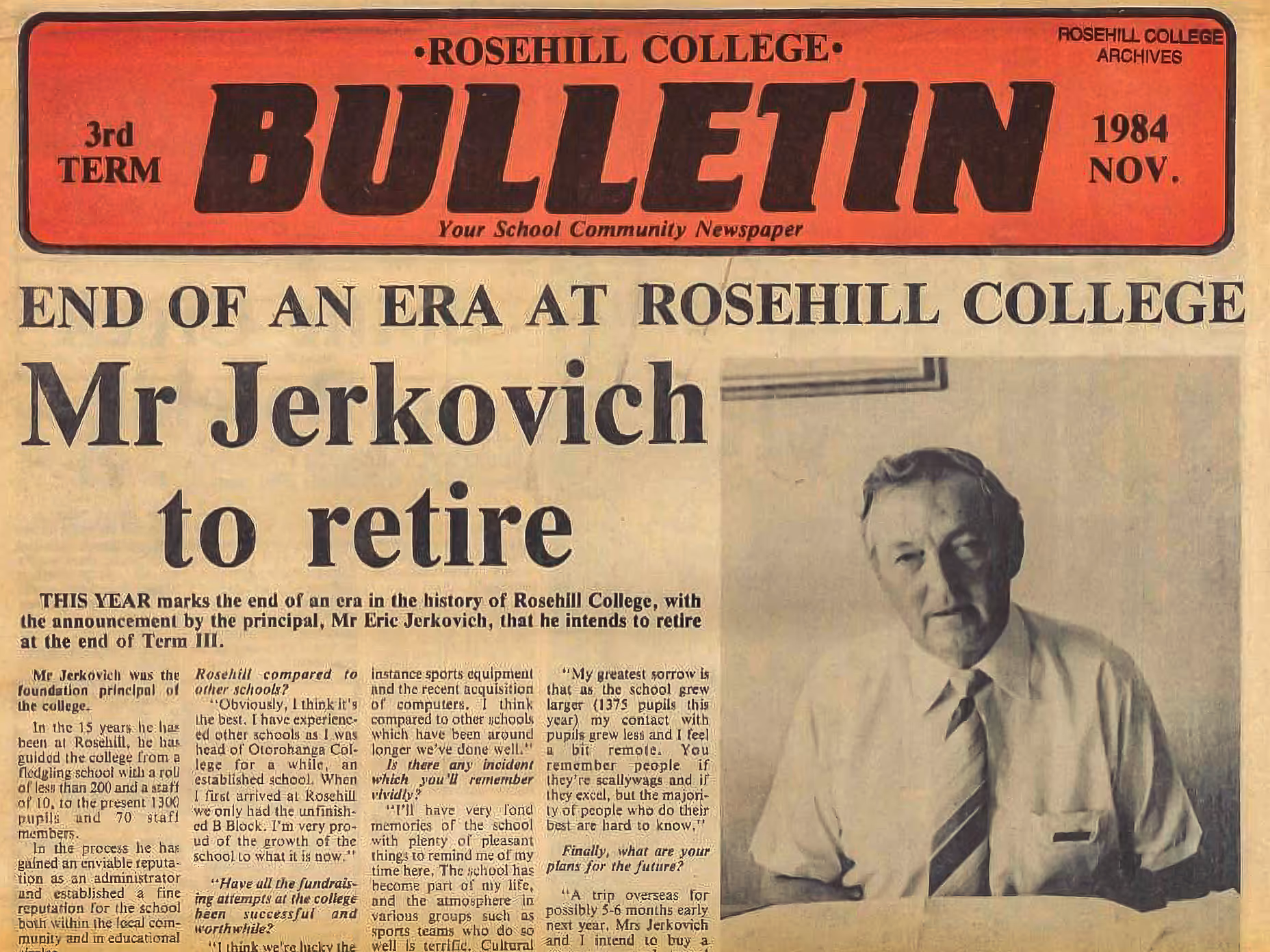 Front page of the Rosehill College Bulletin, November 1984, announcing Mr Jerkovich's retirement