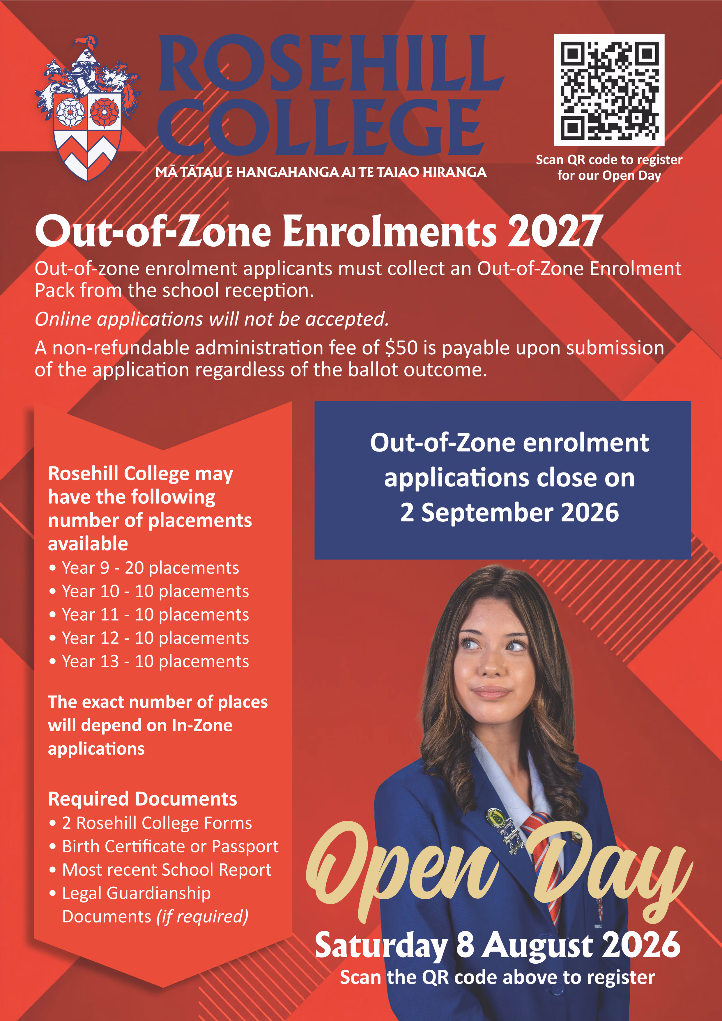 Rosehill College out-of-zone enrolment flyer