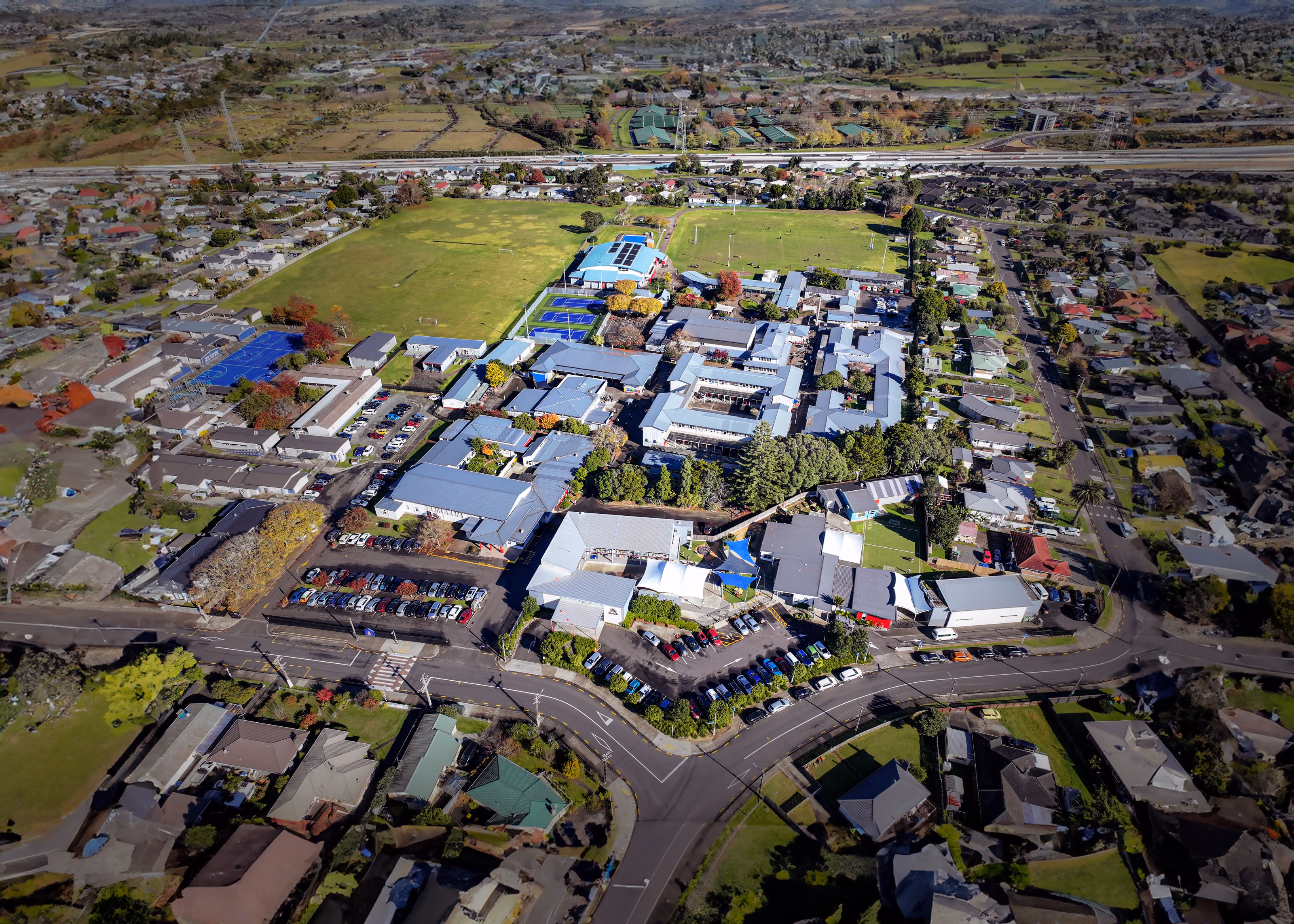 Aerial view of Rosehill College and the surrounding Papakura area